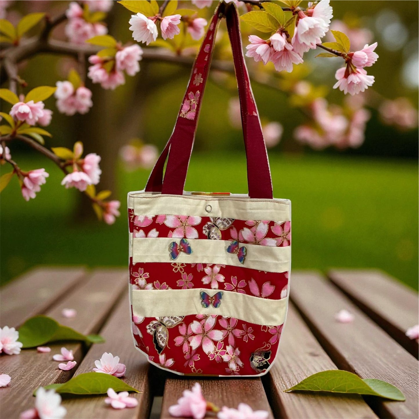 Red and beige Floral Tote Bag with Butterfly embellishments