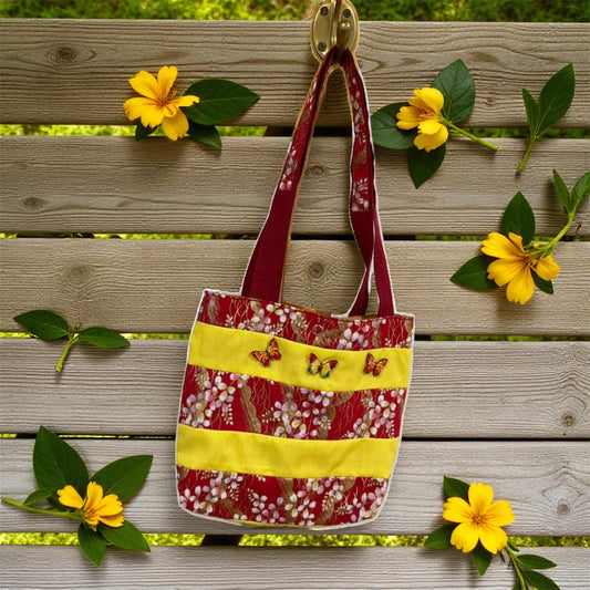 Red Floral Tote Bag with Butterfly Accents - Yellow Stripe