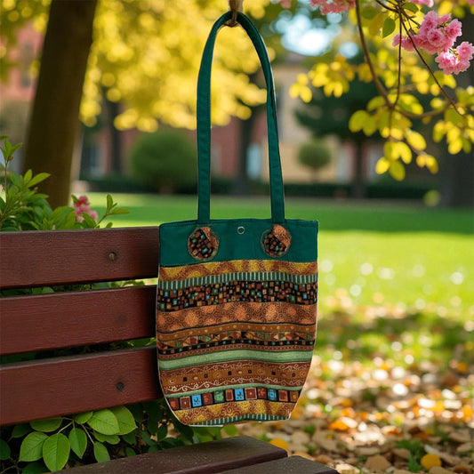 Earthy Bohemian Striped Tote Bag - Green & Gold