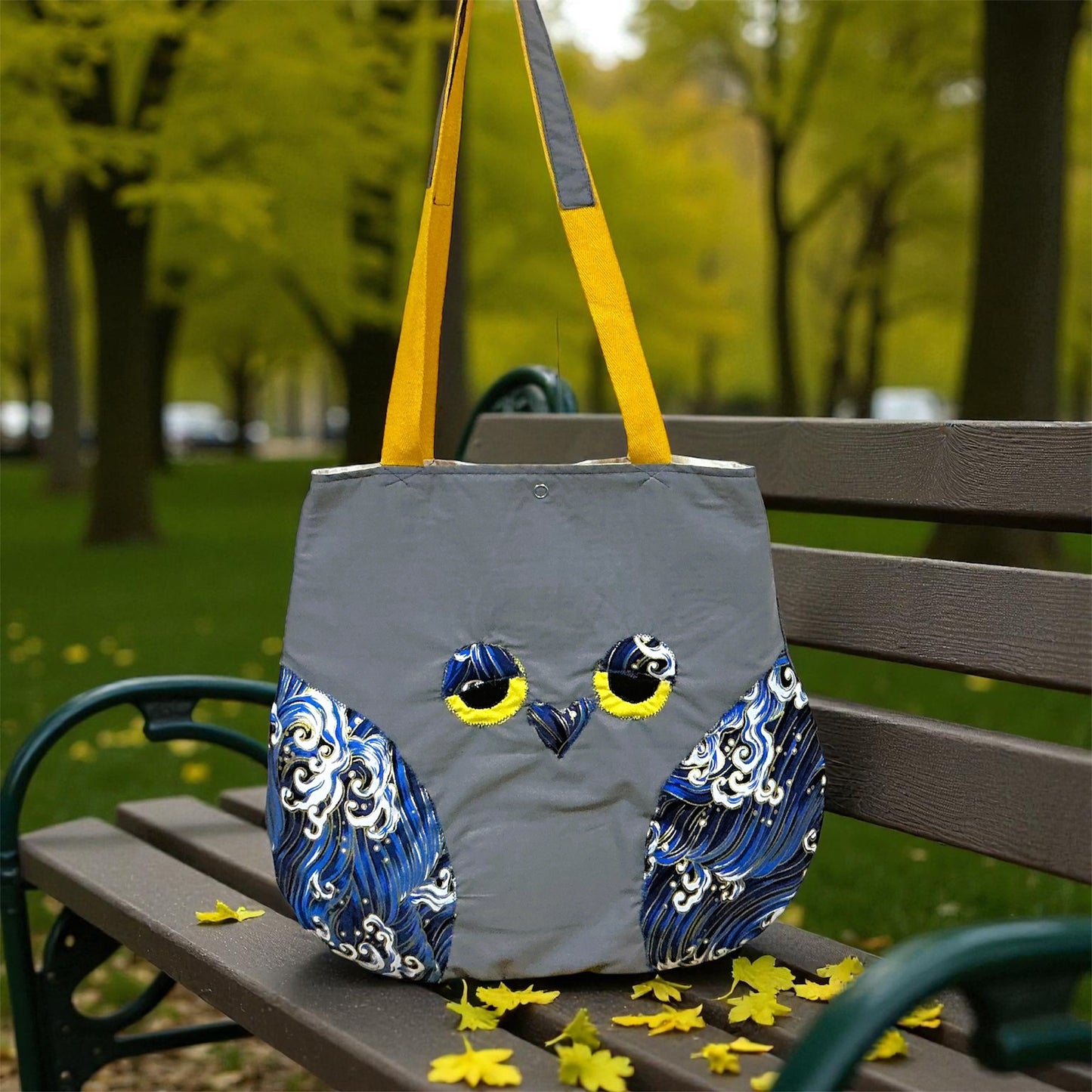 Whimsical Owl Tote Bag - Grey with Blue Wave Pattern