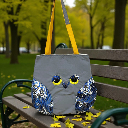 Whimsical Owl Tote Bag - Grey with Blue Wave Pattern