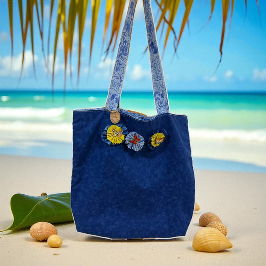 Ocean Blue Batik Tote Bag with Floral Embellishments - Handmade